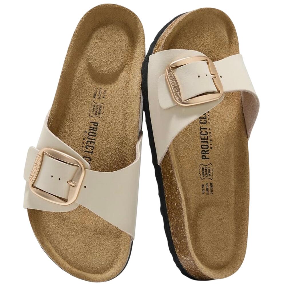 Project Cloud Women’s 100% genuine leather sandal, cream with gold buckle, 10M